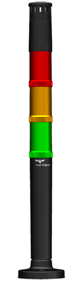 Modelo 3D de una columna de señalización con zumbador piezoeléctrico y luz roja, naranja y verde